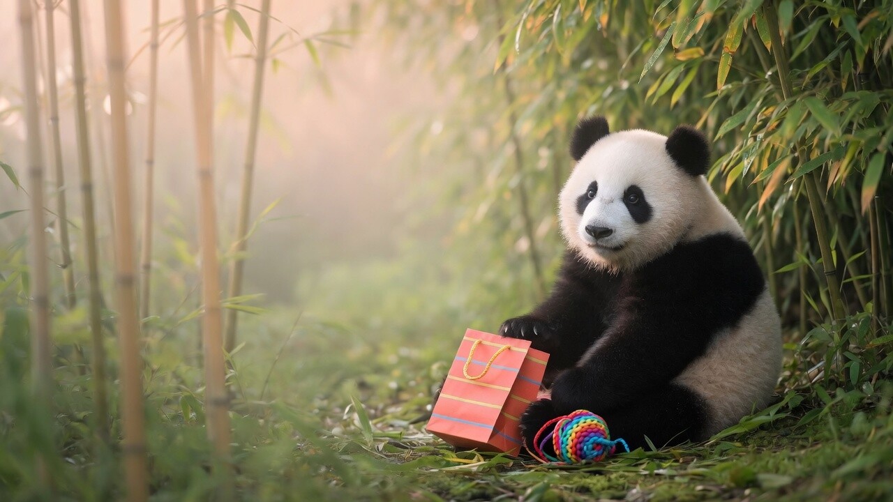 En panda i en bambuskog med en färgglad presentpåse och boll